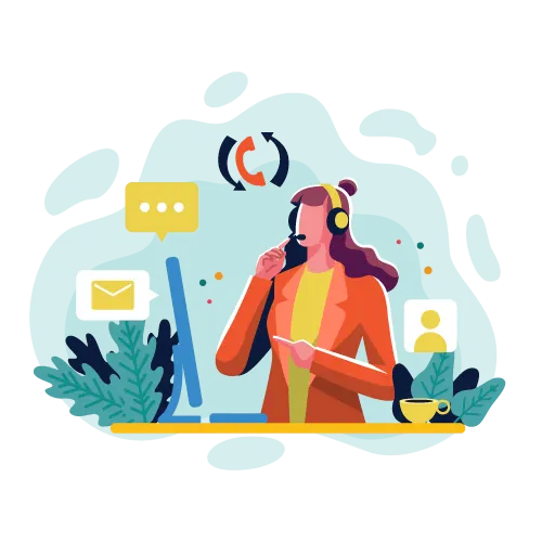 Illustration of a customer support representative wearing a headset and working at a computer, symbolizing communication and assistance