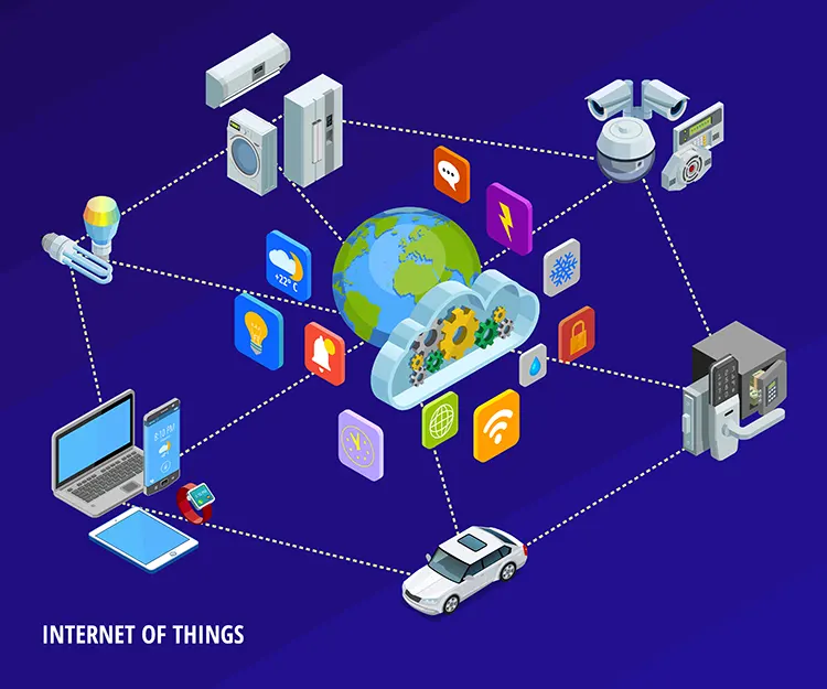 Illustration showing Internet of Things (IoT) ecosystem connecting smart devices, sensors, cloud platforms, and connected systems across industries.