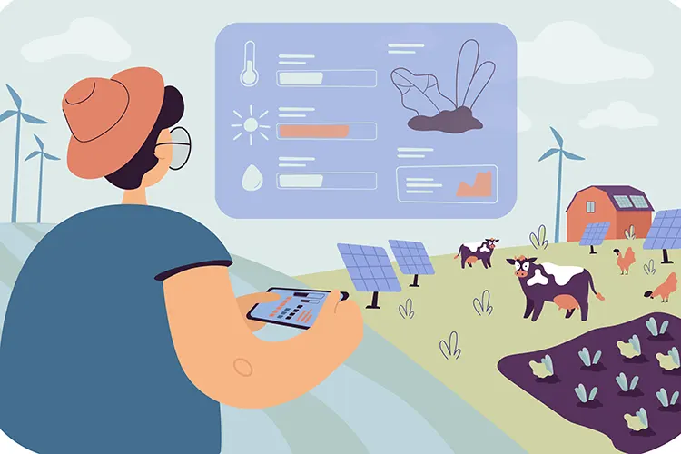 Poultry farm monitoring system using IoT dashboards to track temperature, humidity, feed levels, and animal health in real time.