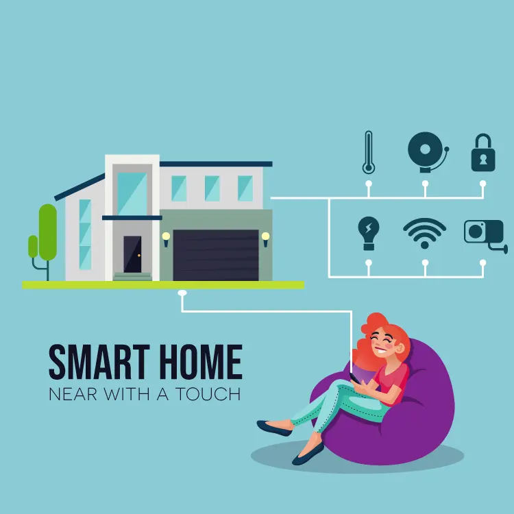 Illustration of smart building solutions showing centralized control of lighting, HVAC, energy management, and security systems using connected devices and automation.