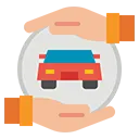 Automotive icon showing a car within two protective hands, representing safety and vehicle-related solutions.