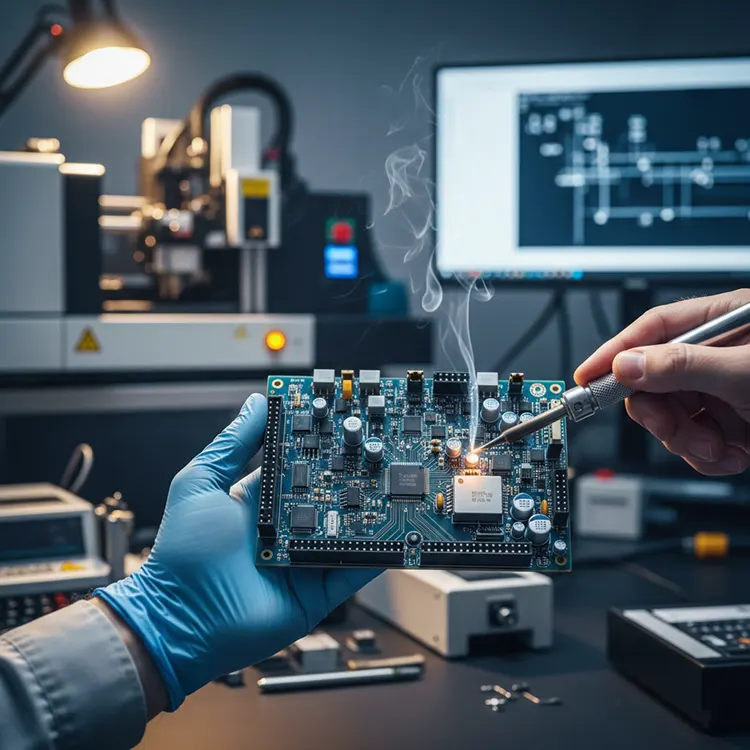 Precision PCB assembly and design, showing an expert technician carefully soldering a complex circuit board with professional tools in a modern lab environment.