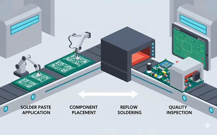Illustration of an SMT assembly production line showing solder paste application, automated component placement, reflow soldering, and quality inspection on a conveyor system.