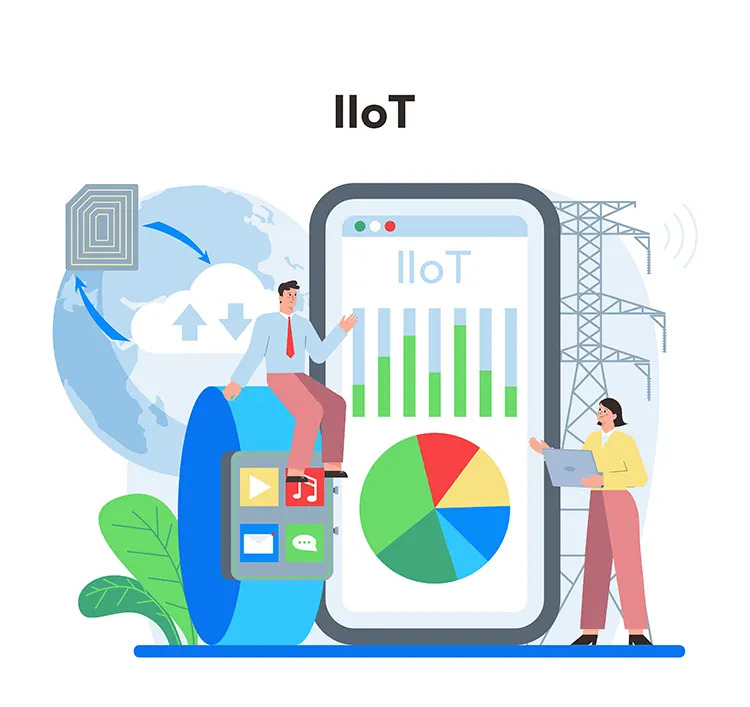 Industrial IoT illustration featuring smart devices, cloud data exchange, analytics charts, and engineers monitoring industrial performance and connectivity.