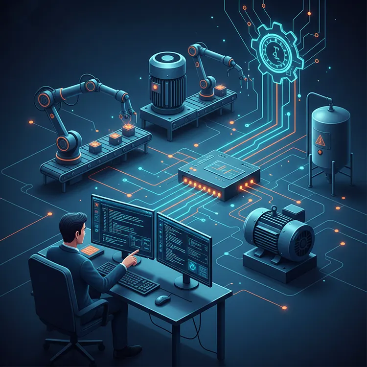 A digital illustration showing a man coding at dual monitors, surrounded by industrial equipment like robotic arms, motors, a conveyor belt, and a storage tank, all connected by glowing blue and orange circuit lines leading to a central Programmable Logic Controller (PLC) chip.