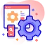 Icon representing end-to-end design and development with gears and device screens.