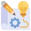 Icon representing rapid prototyping and iterative design, featuring a pencil, lightbulb, and gear symbolizing ideas, design, and engineering.